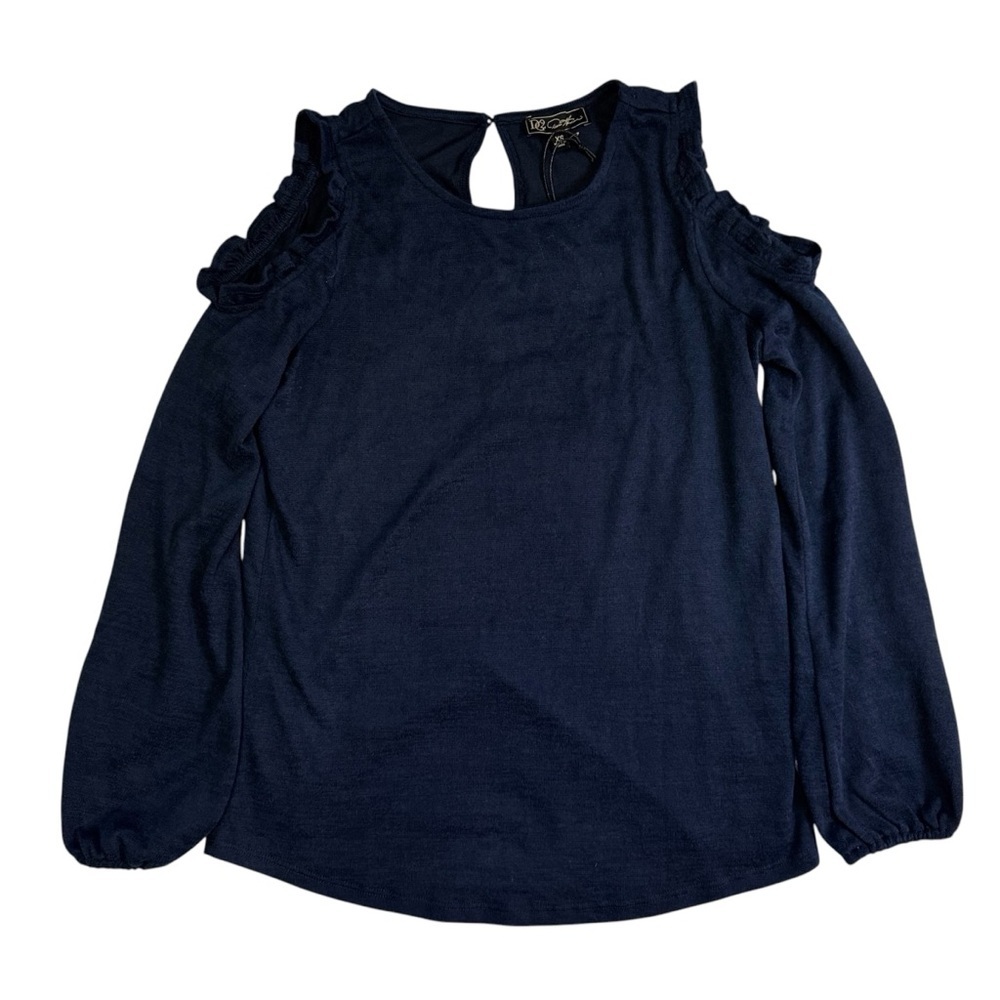 DG2 by Diane Gilman Cold-Shoulder Ruffle Top Shirt Sweater Navy Blue Size XS NWT - Picture 2 of 10
